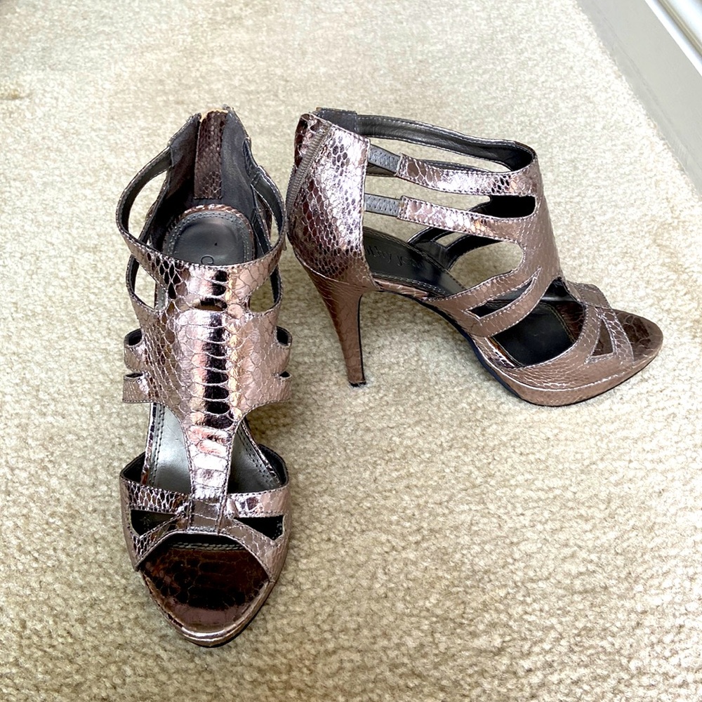 Metallic platform heels with embossed python pattern. Could fit 9.5